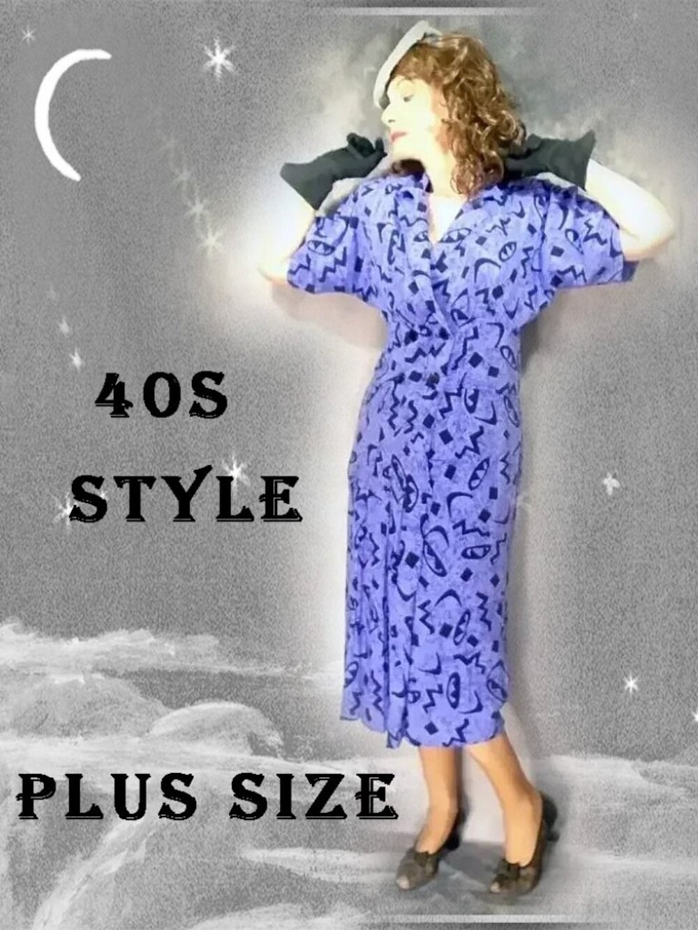 Plus Size 40s STYLE Rayon Dress with Dolman Sleeves -  80s Vintage